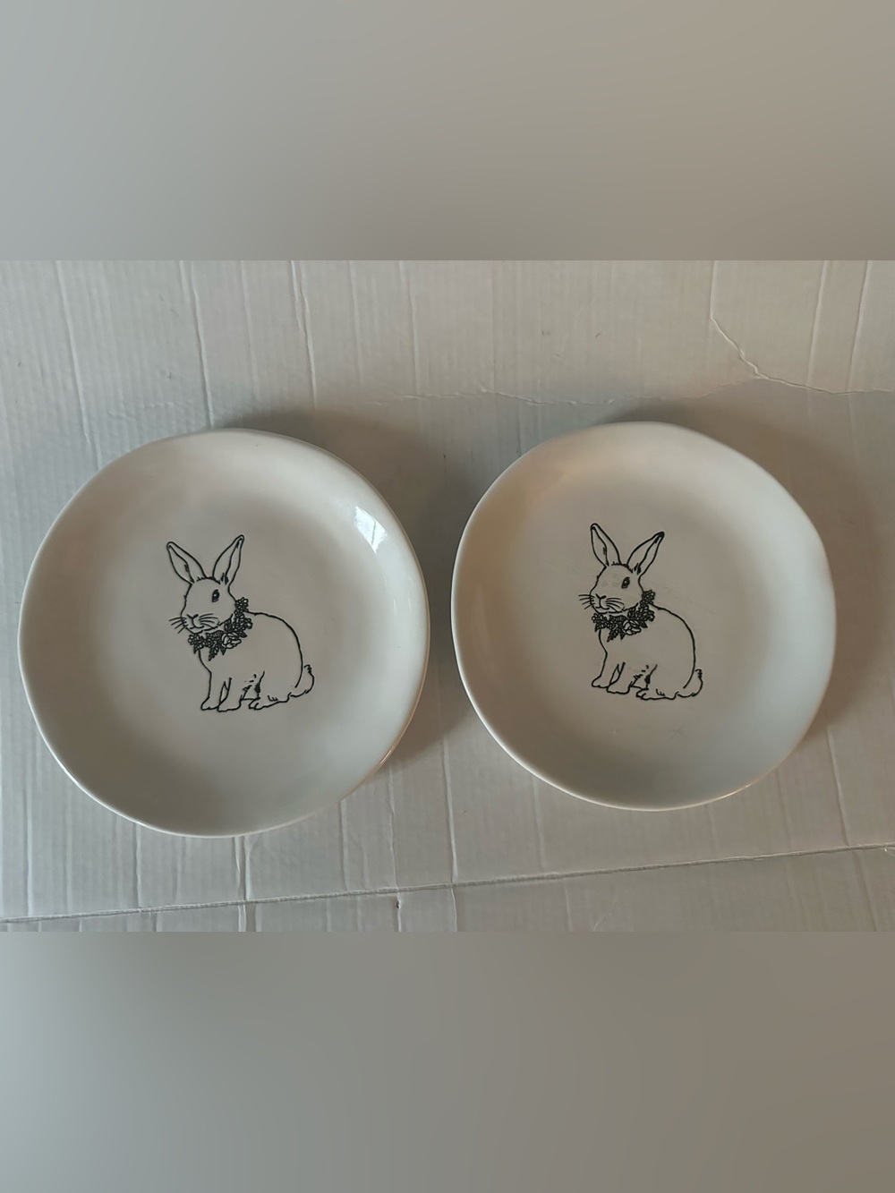 Pier 1 Bunny Rabbit Easter Plates Set of 2 White Stoneware Dessert Salad Plates